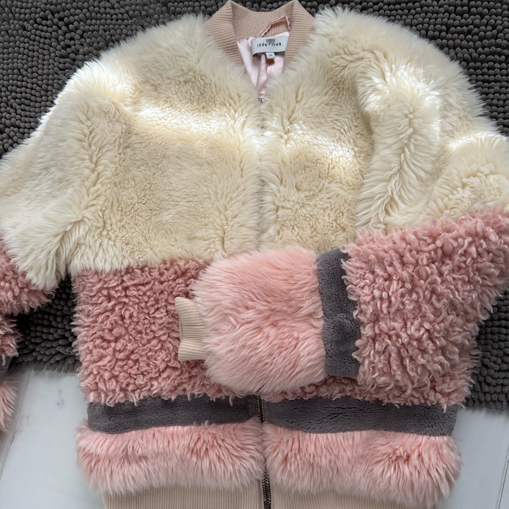 John + Jenn Pink, Cream and Gray Faux Fur Bomber Jacket